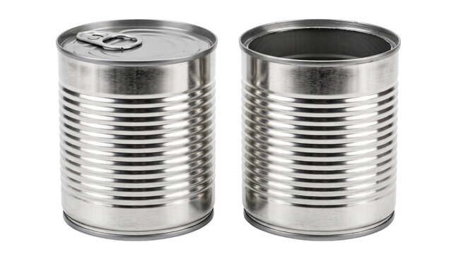 Closed and Open Tin Can Mockup Isolated, Metal Food Container Packaging