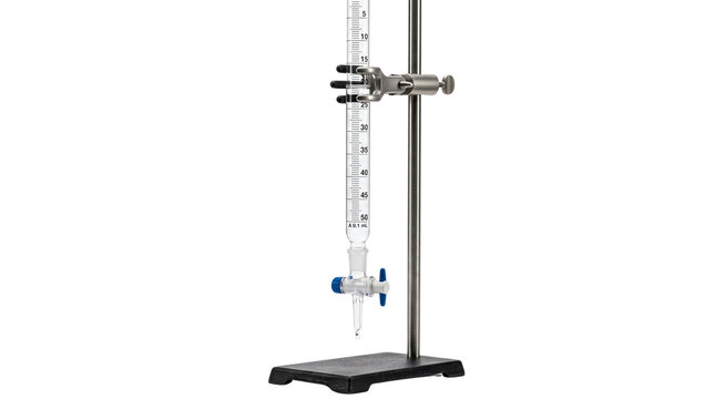 Laboratory burette on metal retort stand, glass buret clamp for titration experiment, scientific research equipment