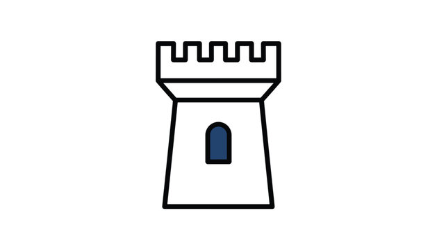 Minimalist flat vector icon of a classic medieval stone castle watchtower isolated on a clean white background.