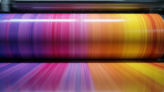 Industrial printing press rolling colorful paper with vibrant stripes in a manufacturing factory
