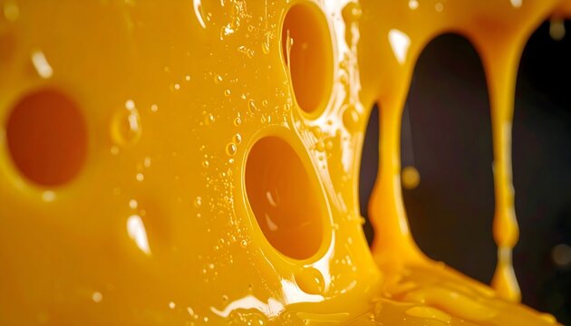 Close-up of Thick Golden Honey Syrup with Air Bubbles and Sticky Dripping Texture on Dark Background