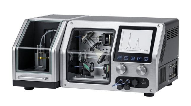 Modern laboratory spectrum analyzer machine, advanced scientific testing device isolated on white background, medical research diagnostic equipment