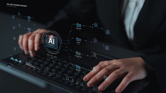 AI specialist is typing. Business files move through an AI process that organizes classification, verification and exchange, bringing document sources and operational teams into one workflow.