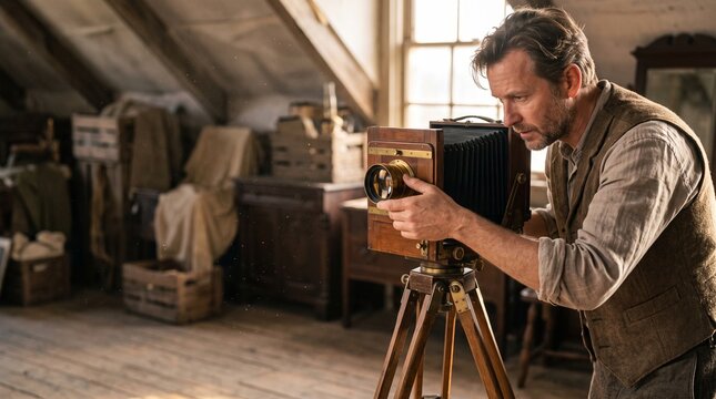 A man in a vintage attic workshop meticulously adjusts an antique wooden camera on a tripod, with dust motes dancing in the sunlight.