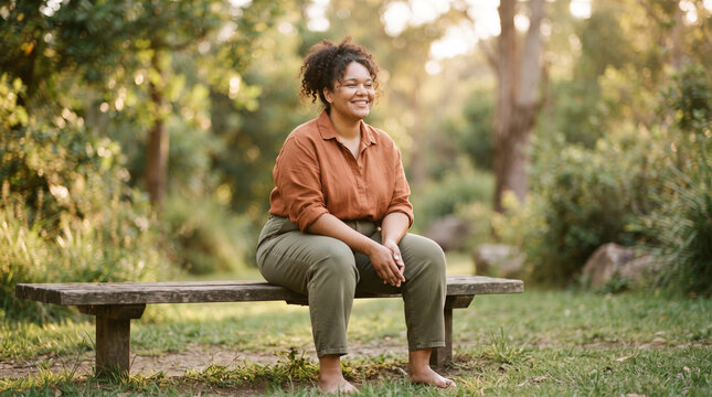 Woman sitting on park bench enjoying warm sunlight and nature