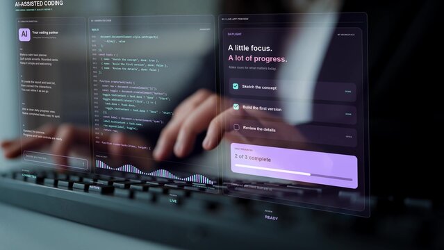 A person types on a keyboard. Natural language app development links a user's planning needs with source code and a live preview, supporting iterative work on a task management tool.