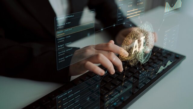 A person types on a keyboard. An AI operations workspace combines document review, finance activity and scheduling, linking business records with decisions and coordinated follow-up.