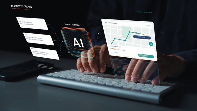 Natural language instructions guide the creation of a route planning app, connecting conversational AI with software logic and a preview of the user experience.