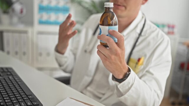 Man doctor in white coat with stethoscope holds a medication bottle up by hand while seated at desk with keyboard in a medical building; reassurance guidance.