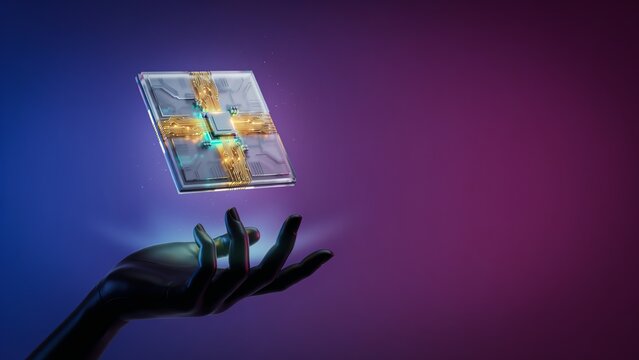 A futuristic conceptual image of a human hand holding a floating high tech computer processor chip