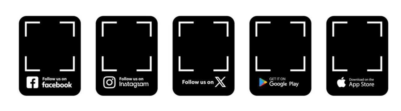 Set of QR code frame templates with social media and app store logos. Follow us on Facebook, Instagram, X, Google Play, App Store. Vector UI design element.