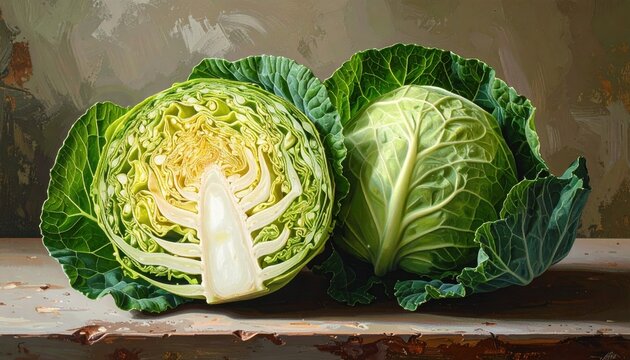 Whole cabbage beside cut half showing crisp inner leaves