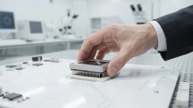 Cinematic Macro POV Shot of Engineer Assembling Neuromorphic AI Transceiver