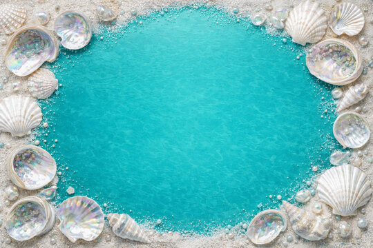 Shell border composed of white marine conches and cockle shells framing turquoise blue copy space for summer beach card