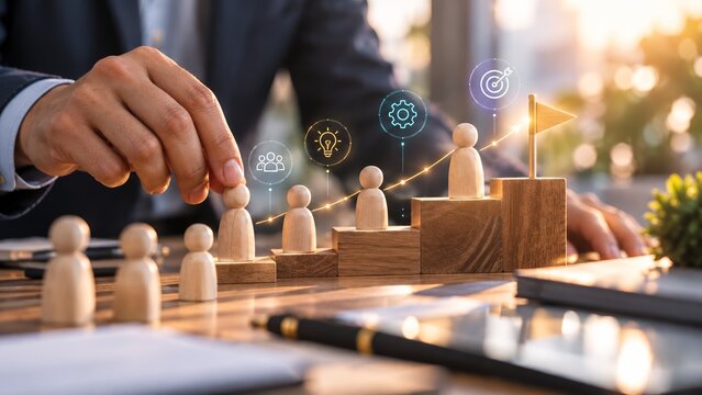 Business leader building corporate success with wooden figurines on steps representing growth strategy and professional development
