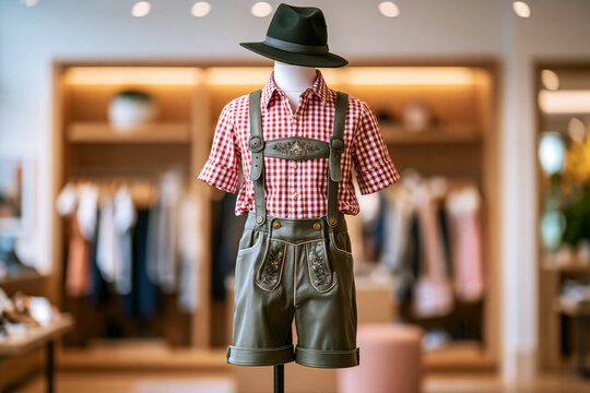 Full outfit with lederhosen, plaid shirt and felt hat on mannequin, boutique interior