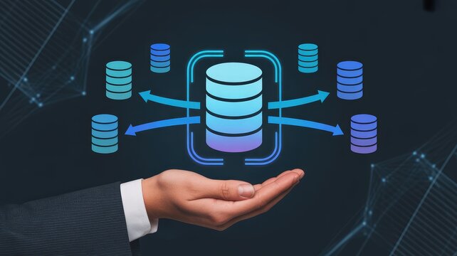 Hand holding digital data storage with connected network databases in futuristic tech setting with multiple smaller database supports central digital icons tech environment data transfer