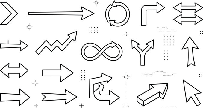 Directional arrow line icon set featuring infinity loops charts cursors turn signs splits curves and navigation graphic design elements