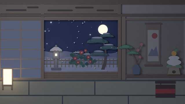 Paper Cut Japanese Tatami Room on New Year's Eve with a Glowing Andon Lamp a Moonlit Snowy Garden and Stone Lantern