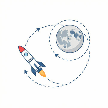 A cartoon rocket ship orbiting around the moon in space.