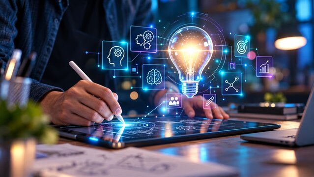 Creative professional developing digital innovation strategy using interactive tablet technology and glowing light bulb visuals