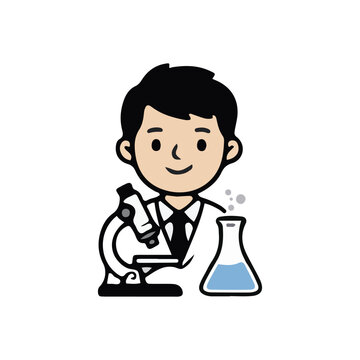 Cute cartoon scientist with microscope and laboratory flask illustration 