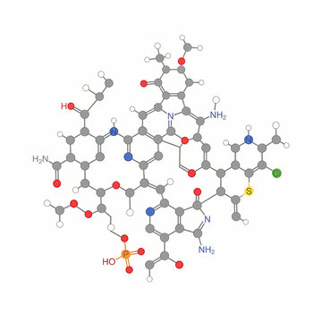 A detailed 3D ball and stick molecular model of a complex organic chemical compound.
