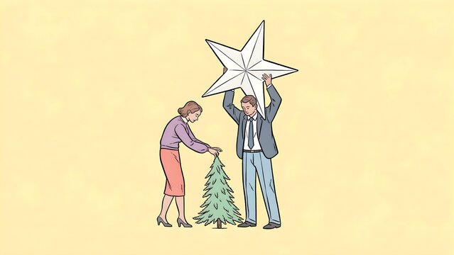 Two people seriously attempt to place an enormous Christmas star on a tiny tree, creating an absurd festive illustration for holiday campaigns, cards and editorials.