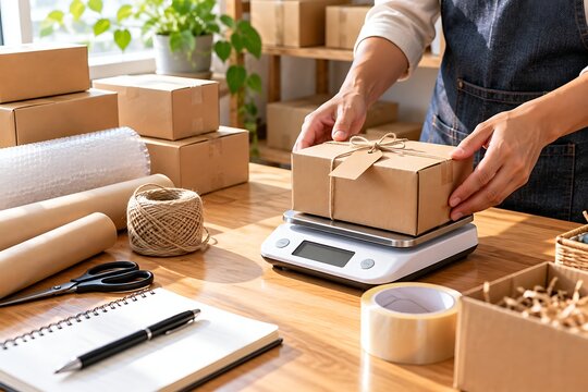 Person weighing wrapped package on digital scale