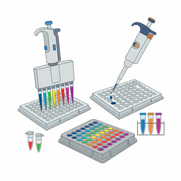 Laboratory equipment including multichannel and single channel pipettes with microtiter plates for scientific research.