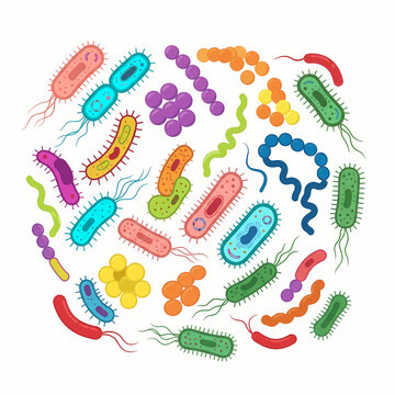 A colorful collection of various bacteria and microorganisms in a flat vector illustration.