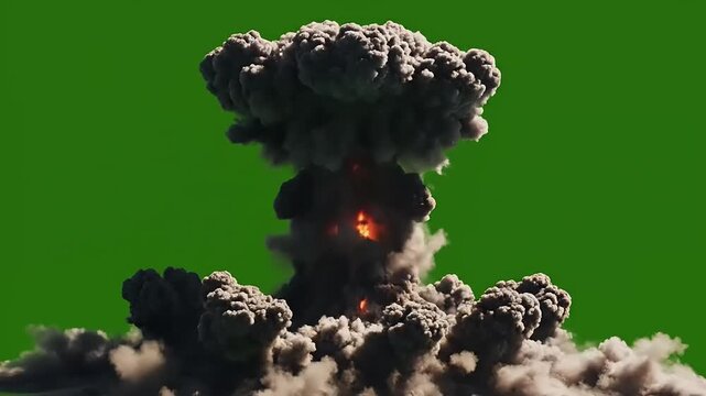 Huge nuclear explosion mushroom cloud isolated on a green screen chroma key background