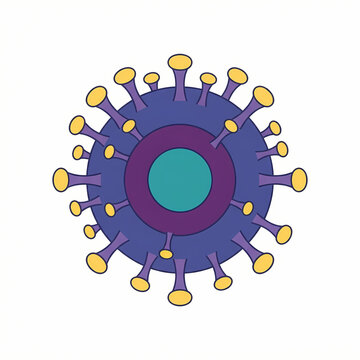 A stylized cartoon illustration of a coronavirus particle with spike proteins.