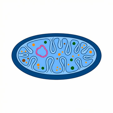A detailed illustration of a mitochondrion showing internal cristae and matrix components.