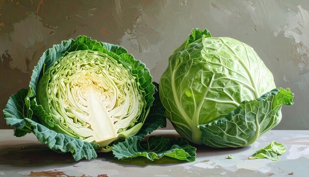 Whole cabbage beside cut half showing crisp inner leaves