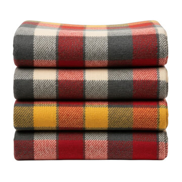 Stack of folded colorful plaid wool blankets for winter and cozy home decor isolated on transparent background