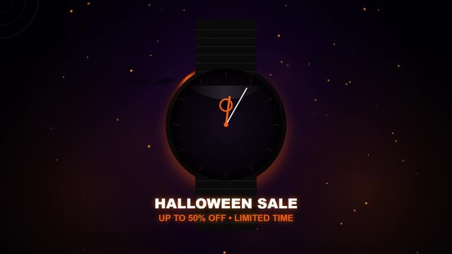 Halloween big sale video with glowing clock featuring a promotional offer of up to 50 percent off