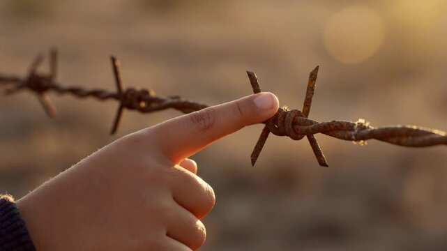 Child's hand carefully touching rusty barbed wire at golden hour.