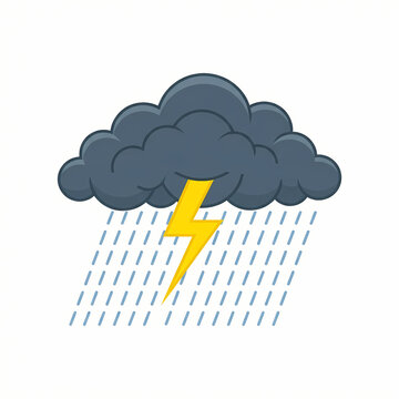 A stylized cartoon illustration of a dark storm cloud with rain and a yellow lightning bolt.