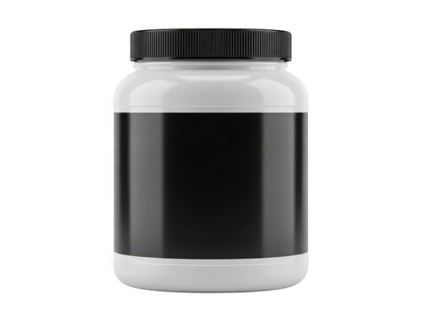 White plastic supplement jar with black cap and empty label for product branding isolated on transparent background