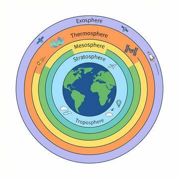 A diagram showing the concentric layers of the Earths atmosphere including the troposphere stratosphere mesosphere thermosphere and exosphere.