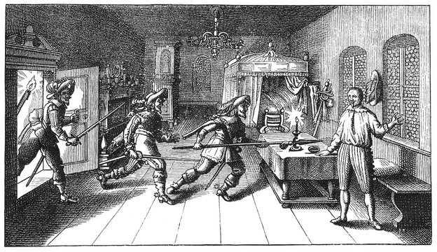 Murder of Wallenstein at Eger, armed men bursting into a room and confronting the general near a table, old vintage illustration, 1894