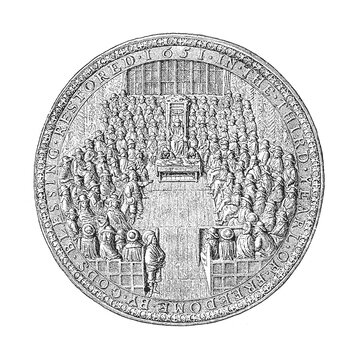 Great Seal of England under Oliver Cromwell, 1651, showing a session of Parliament, old vintage illustration, 1894
