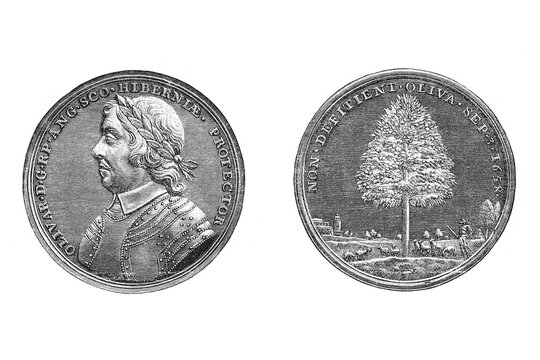English medal commemorating the death of Oliver Cromwell in 1658, two sides showing a laureate bust and a pastoral olive tree scene, old vintage illustration, 1894