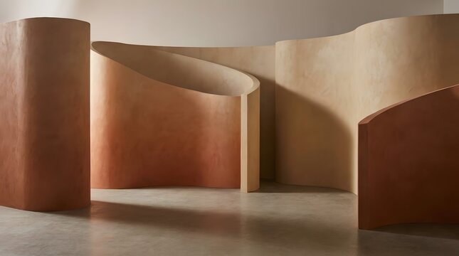 Abstract architectural interior scene featuring curved plaster walls in warm terracotta and beige tones creating minimalist spatial depth