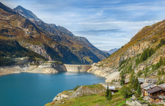 view on lake of a dam in the mountain landscape, lac of chevril in French Alps, Tignes, Savoie, France, Europe