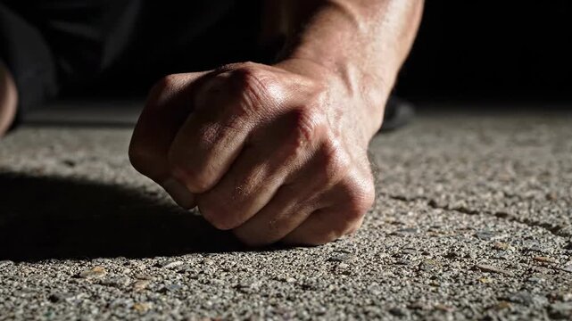 Strong male fist clenched tightly on textured ground, symbolizing anger.