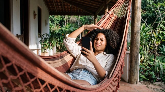 Teenager in hammock shading phone from sun on veranda