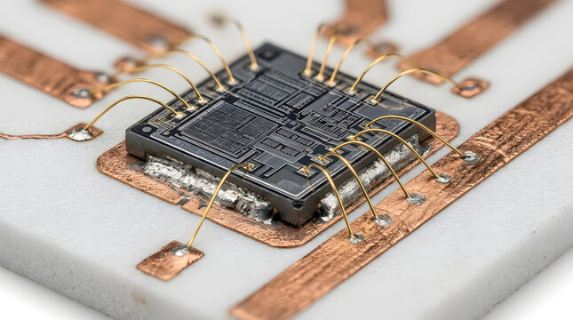 Black semiconductor integrated circuit with gold wire bonds mounted on copper PCB for advanced electronic engineering and microtechnology