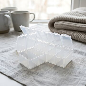 Transparent plastic weekly pill organizer box with open compartments sitting on table next to coffee mugs and soft sweater for medication management.